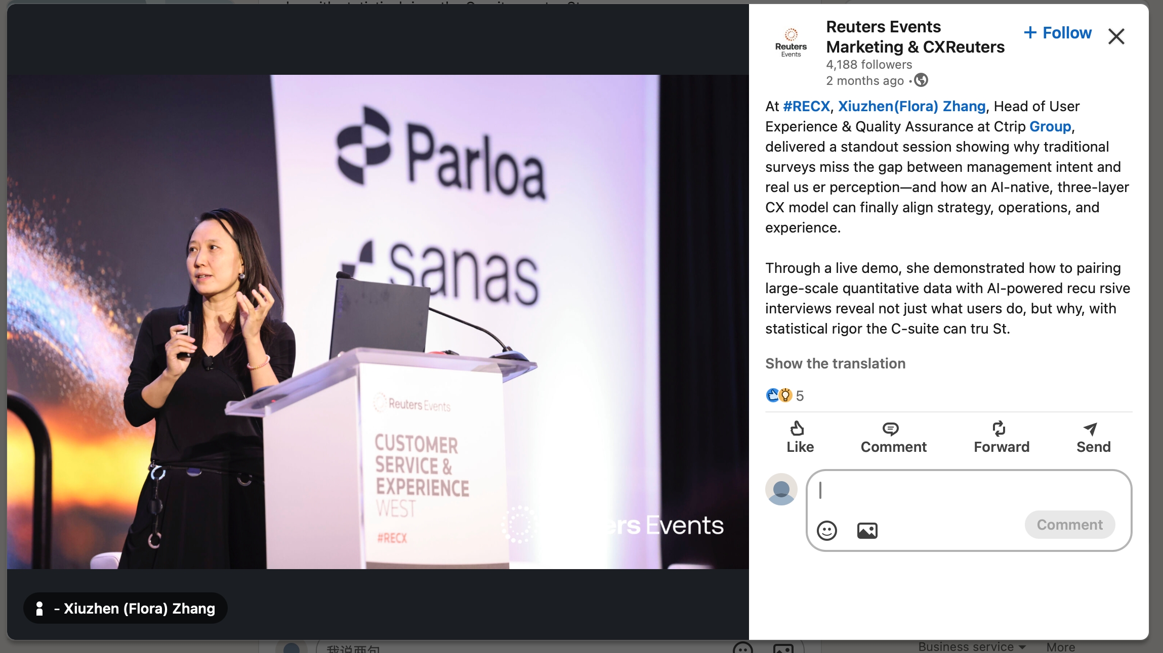 Reuters Events LinkedIn post featuring Flora Zhang speaking on stage